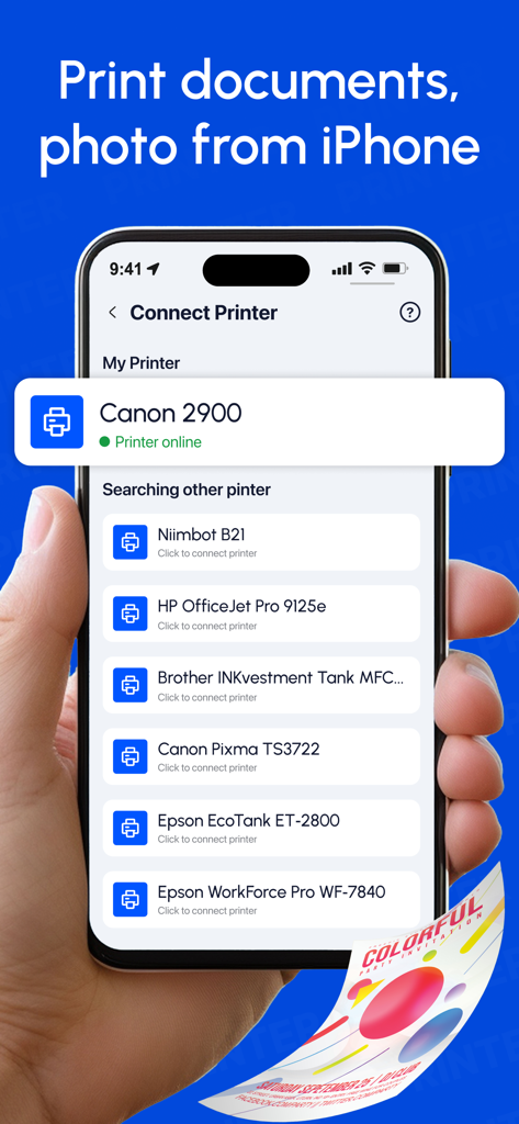 Smart Print: Printer & Scanner - 互換性のあるワイヤレスプリンターブランドのリストが表示された「プリンターを接続」インターフェースを表示するスマートフォン画面。