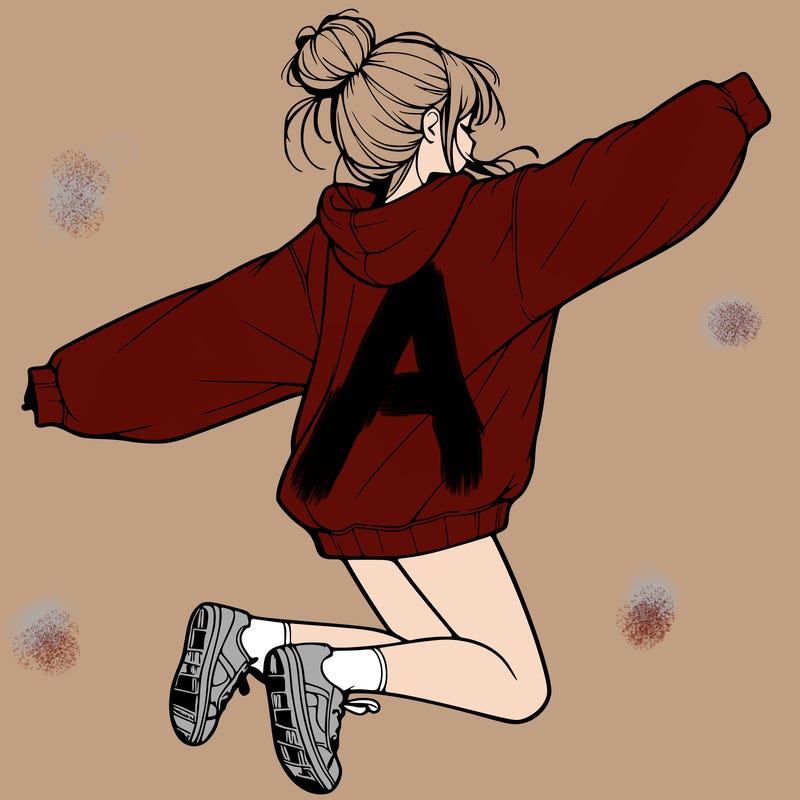 realistic girl jumping with a bun and oversized sweatshirt