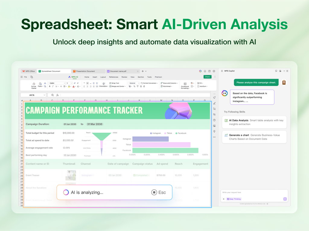 WPS for Pad: AI Office & PDF - WPS for Pad spreadsheet with AI driven data analysis and campaign tracking insights