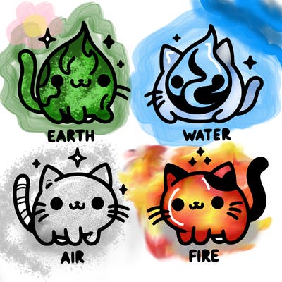 4 cats that represent the different elements, earth, water, air, and fire