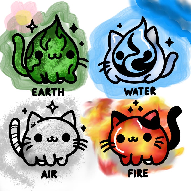 4 cats that represent the different elements, earth, water, air, and fire