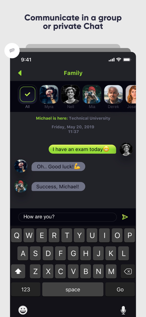 Placeter app screenshot showing a private group chat interface for family members with location status notifications.