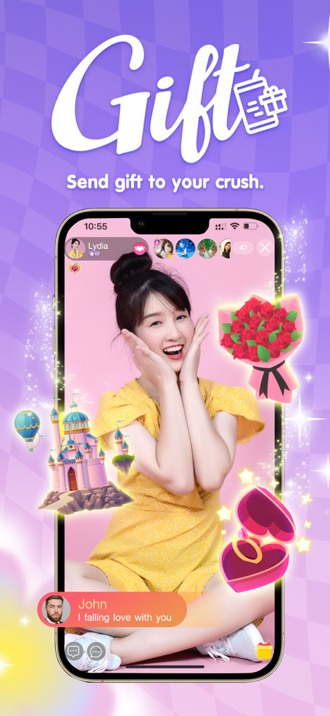 Callplay - Live & Video Call - A smiling woman on a live video call screen within the Callplay app featuring virtual gifts like roses and a castle