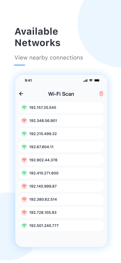 Application Yi iot plus affichant une liste des réseaux sans fil détectés et des adresses IP.