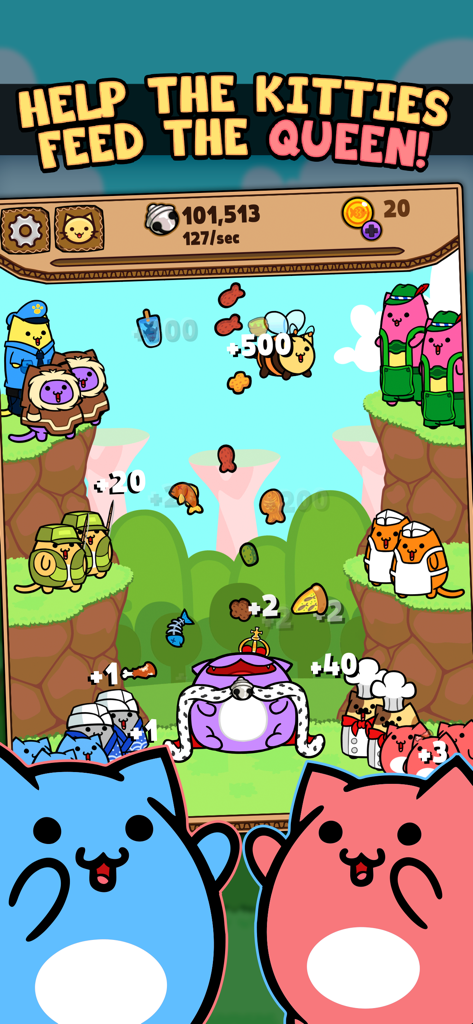 Kitty Cat Clicker - Screenshot di gioco di Kitty Cat Clicker con vari gatti a tema che danno da mangiare a una grande Regina Gatto viola.