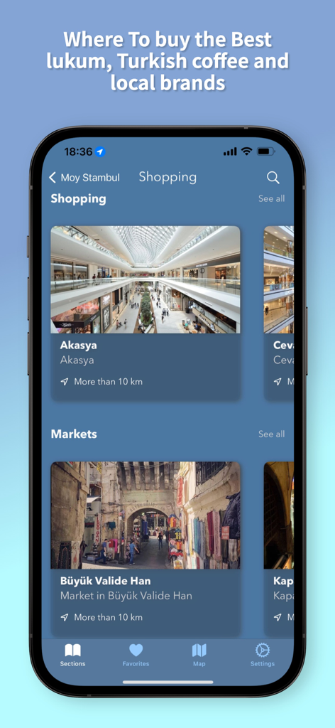 Écran de l'application mobile MyIstanbul montrant des centres commerciaux et des recommandations de marchés locaux.
