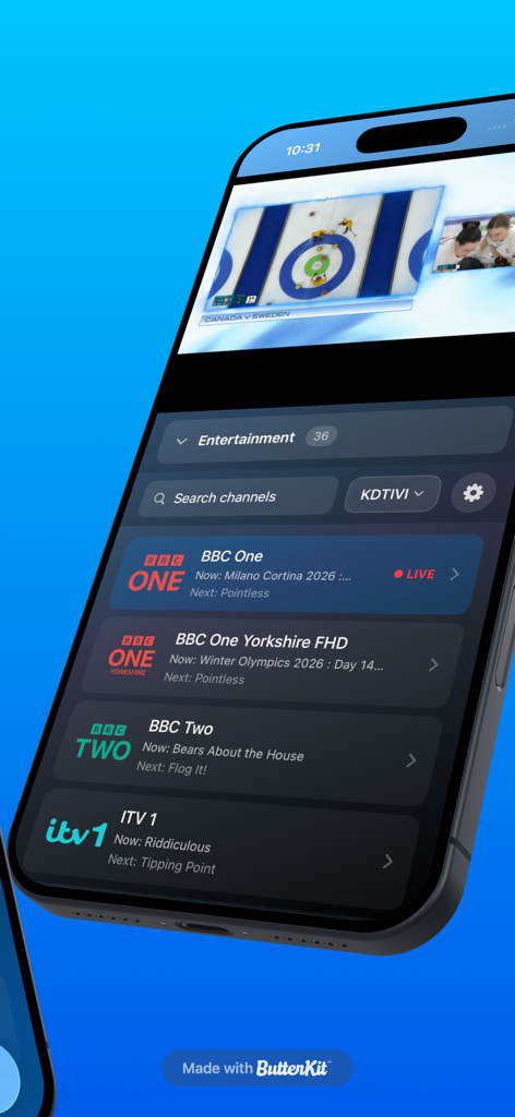 KDTIVI - IPTV, Plex & Stremio - KDTIVI iPhone app displaying a live IPTV channel list and sports broadcast