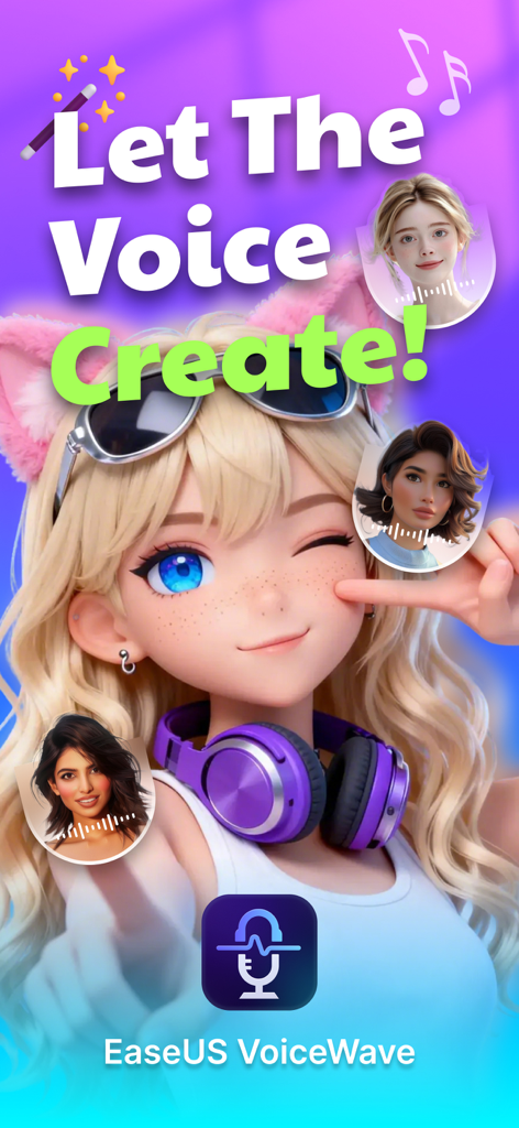 VoiceWave-Change Your Voice - VoiceWave app interface featuring an anime character with headphones and various voice avatars