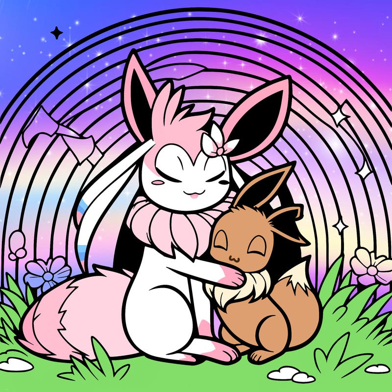 sylveon hugging eevee in front of a rainbow the pokémon