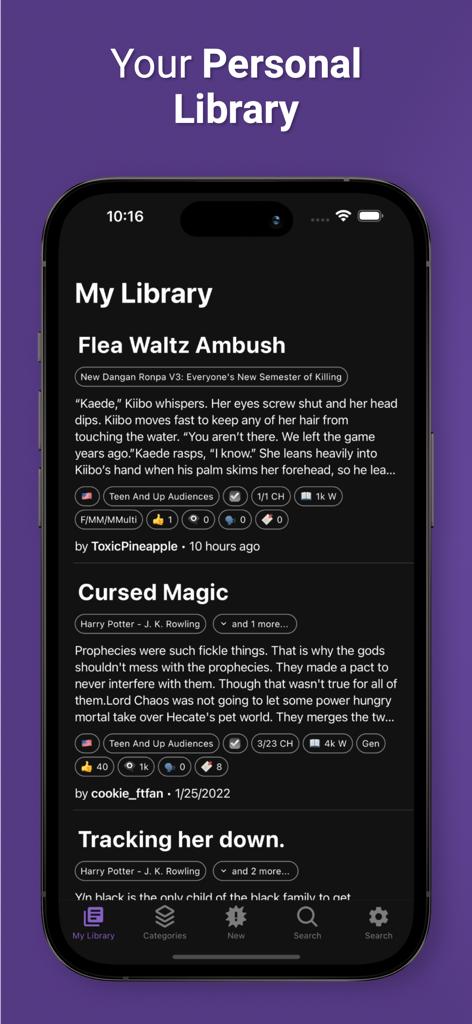 FanFiction | AO3 unofficial - AO3 inoffizielle App persönliche Bibliothek Bildschirm zeigt eine Liste von Fanfiction-Geschichten in dunklem Modus Interface