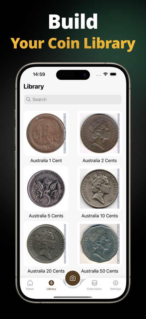A mobile app interface displaying a digital coin library with various Australian cents.