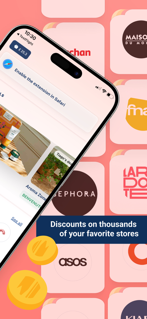Wanteeed | Cashback & Coupons - Application mobile Wanteeed sur un iPhone montrant l'activation de l'extension Safari et les offres de réduction pour des marques comme Sephora et Asos