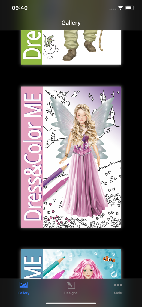 Dress and Color Me - Dress and Color Meアプリのギャラリー表示。妖精や人魚など、さまざまなテーマのお絵かき帳カテゴリが表示されています。