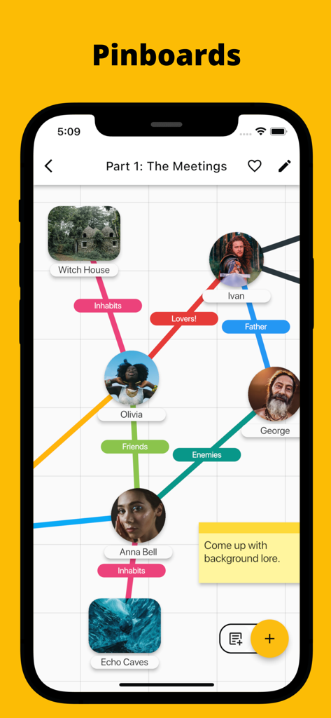 Fortelling - Writer Tools - Visual story pinboard showing character relationships and locations in the Fortelling writer tools app