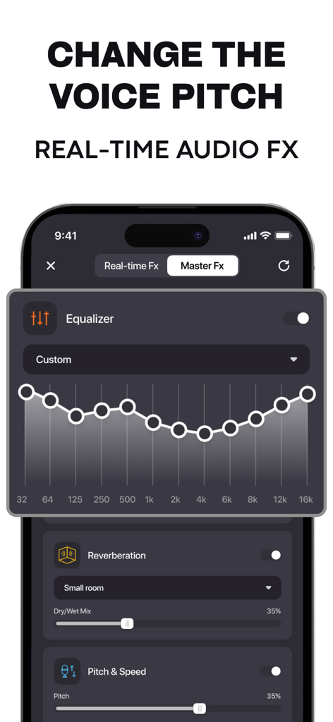 Microphone Live-Voice Recorder - Interface of Microphone Live app showing real-time audio effects like equalizer and pitch changer