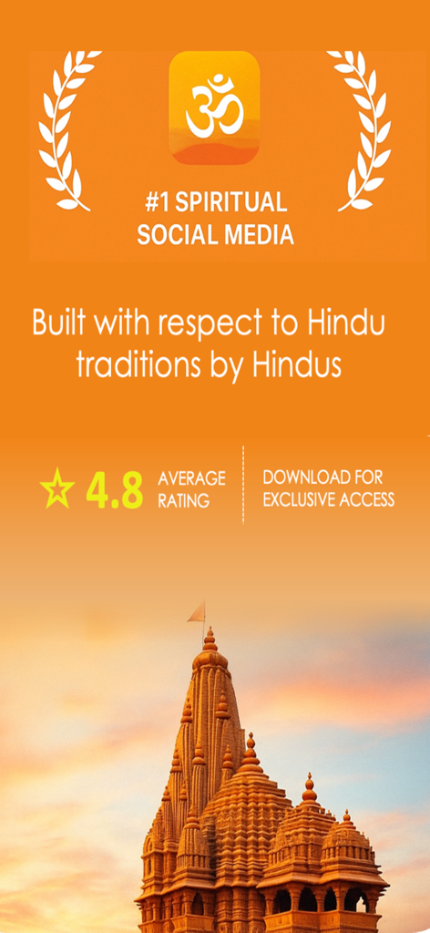 Hindu AI - Hindu AI app interface featuring a 4.8 star rating and a traditional Hindu temple at sunset