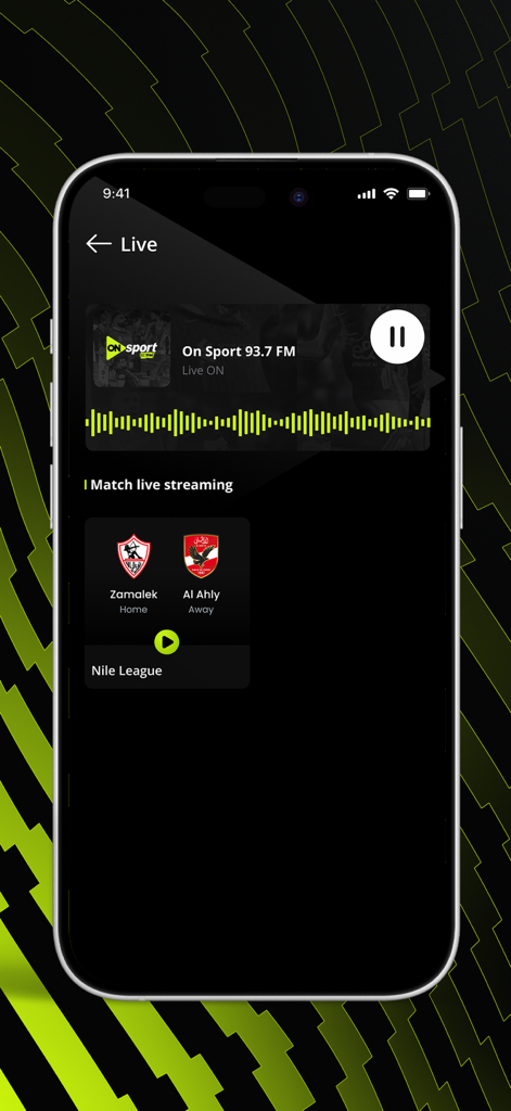 ON Sport mobile app interface showing live radio streaming and a Nile League soccer match between Zamalek and Al Ahly.