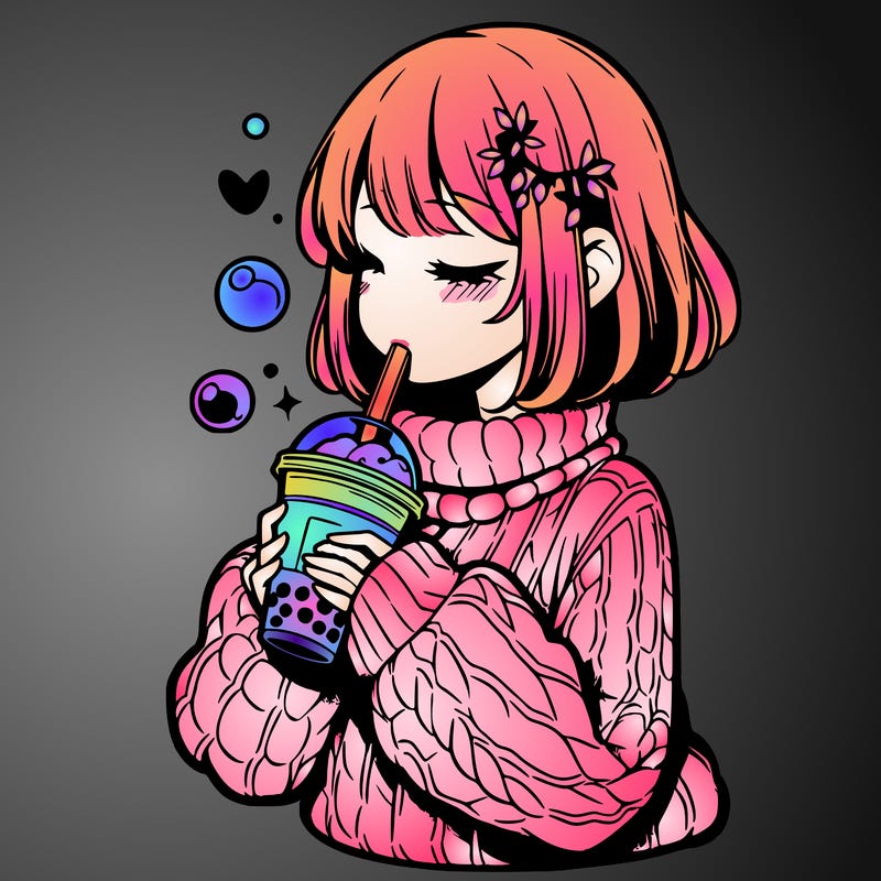 manga girl drinking boba in cozy sweater