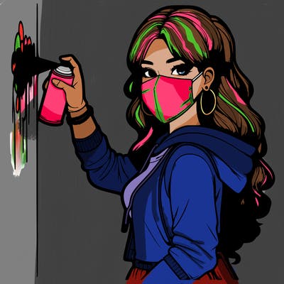 realistic girl with mask spray painting a wall