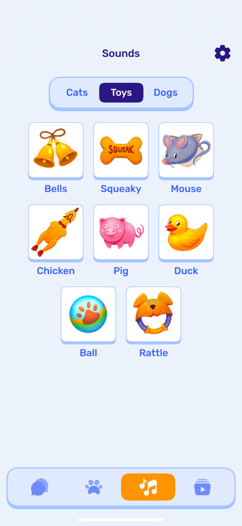Peppy Cat: Game For Cats - ペットエンターテイメント用のPeppy Catアプリのおもちゃのサウンド選択メニュー