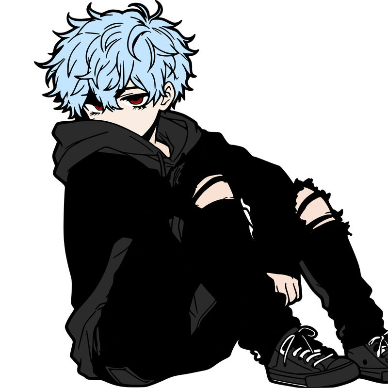 a male hoddie ripped jeans messy hair anime