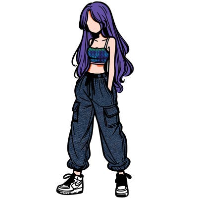 girl in baggy pants crop top and long hair