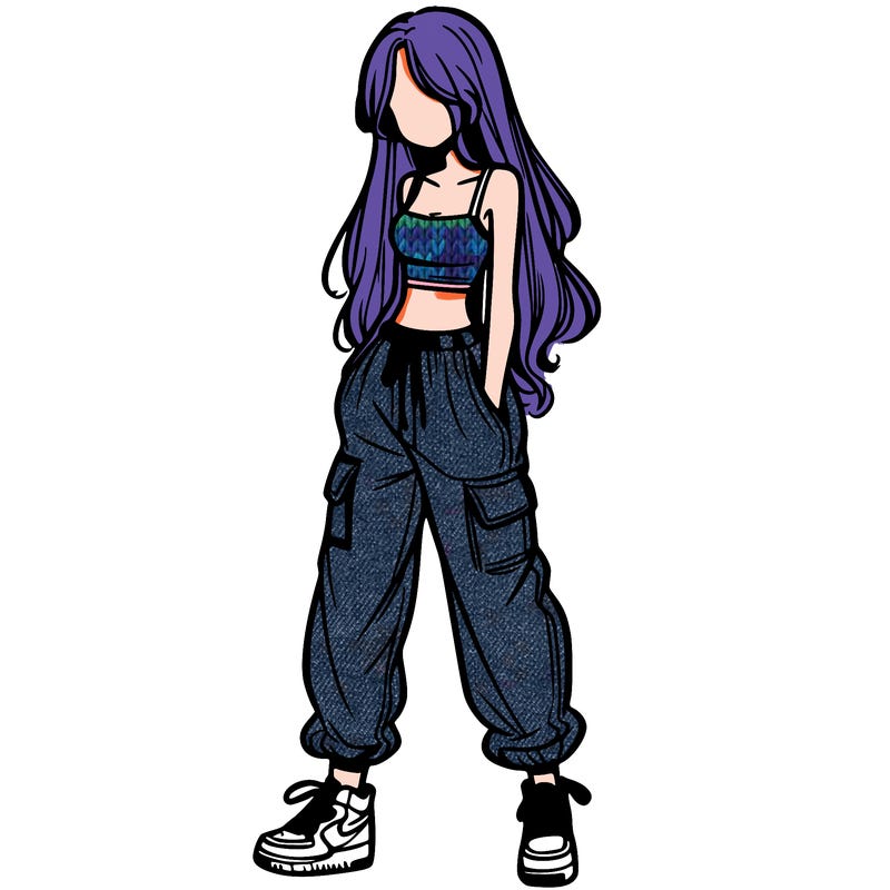 girl in baggy pants crop top and long hair