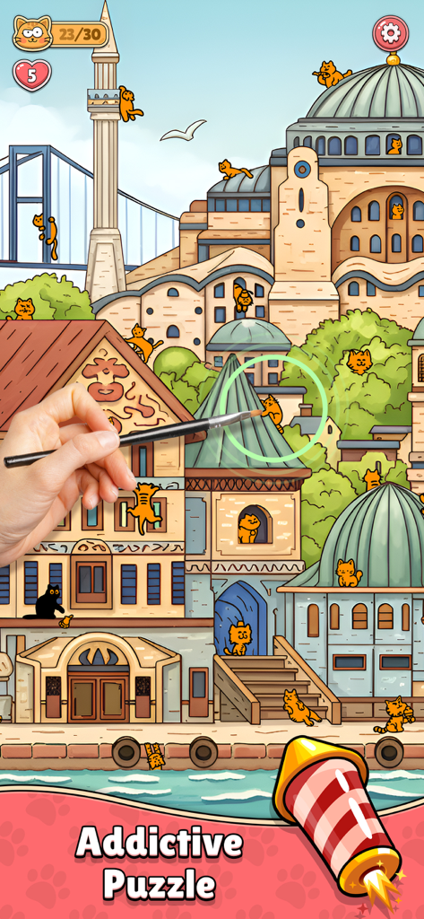 Find The Cat 2 - Spot It! - Jogabilidade de Encontre o Gato 2 mostrando uma mão encontrando um gato laranja escondido em uma cena de cidade detalhada.