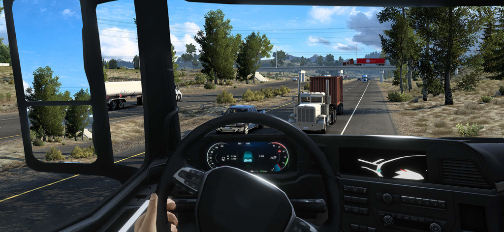 Truck Driving Simulator 2024 - Interior view of a truck cabin showing the dashboard and steering wheel while driving on a highway