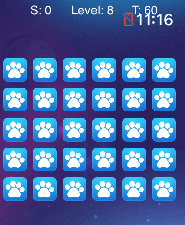 Watch Game Collection - Ein Raster aus blauen Kacheln mit weißen Pfotenabdrücken aus dem Memory-Match-Spiel auf einer Smartwatch-Oberfläche