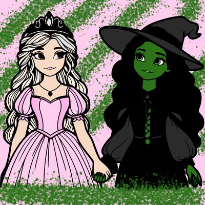 a princess and a witch holding hands realistic