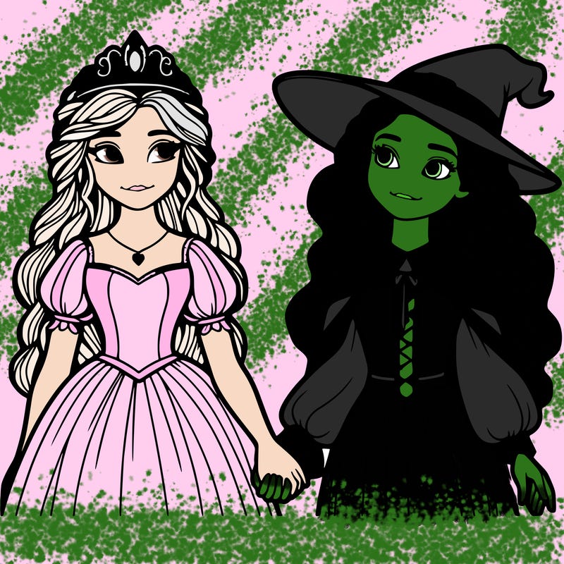 a princess and a witch holding hands realistic