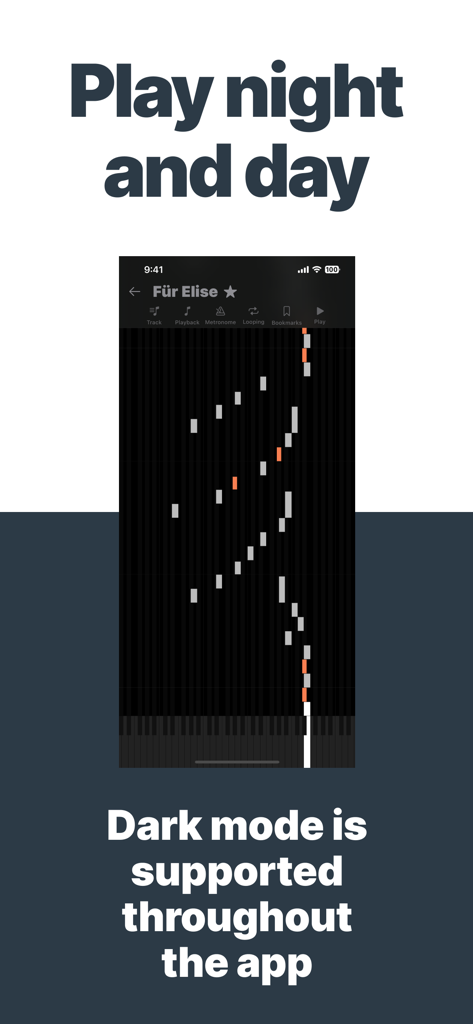 Piano Tabs: Learn & Practice - Interfaz de la aplicación Pestañas de Piano en modo oscuro mostrando notas visuales para la canción Para Elisa.