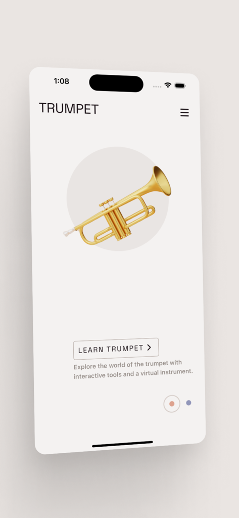Virtual Trumpet & Trombone - Virtual Trumpet app home screen featuring a 3D gold trumpet model and learn trumpet button