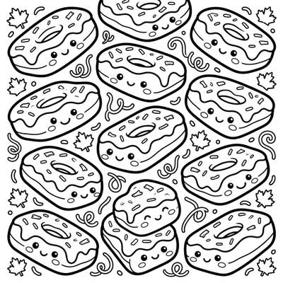 Dive into a world of sugary cuteness with this delightful Kawaii Maple Bars coloring page, featuring an array of adorable rectangular and ring-shaped doughnuts. Each sweet treat sports charming faces and is adorned with sprinkles, perfect for a relaxing and joyful coloring session.