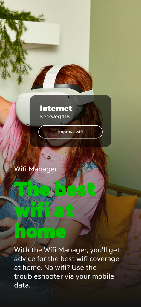 MijnKPN - Uno screenshot dell'app MijnKPN con lo strumento Wifi Manager e una ragazza che indossa un visore VR sullo sfondo.