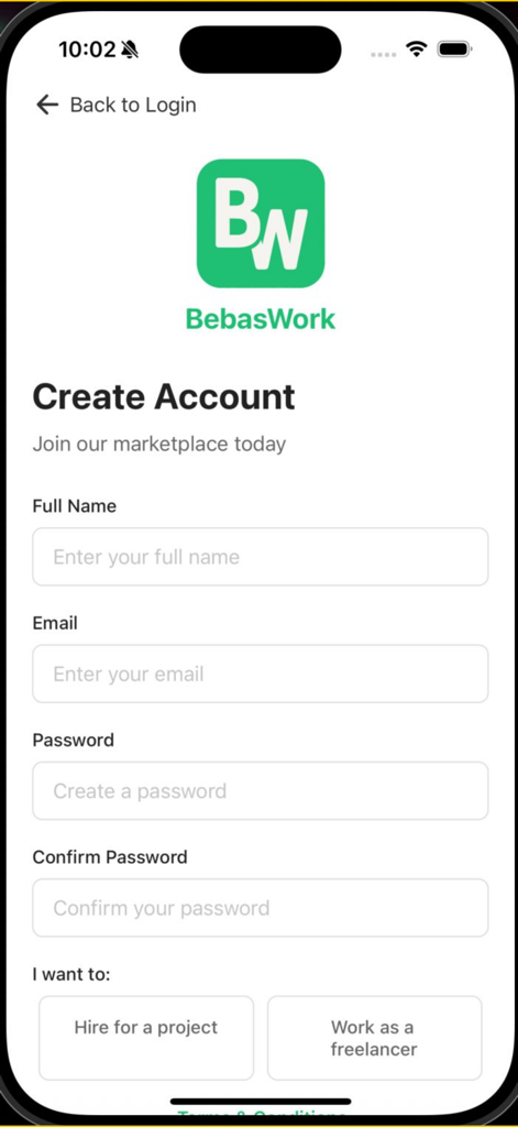 BebasWork - Página de registro para la aplicación BebasWork con campos para nombre, correo electrónico y selección de rol de usuario