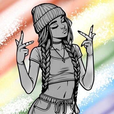 realistic teenage girl with braids and a beanie and crop top doing 🫶🏼