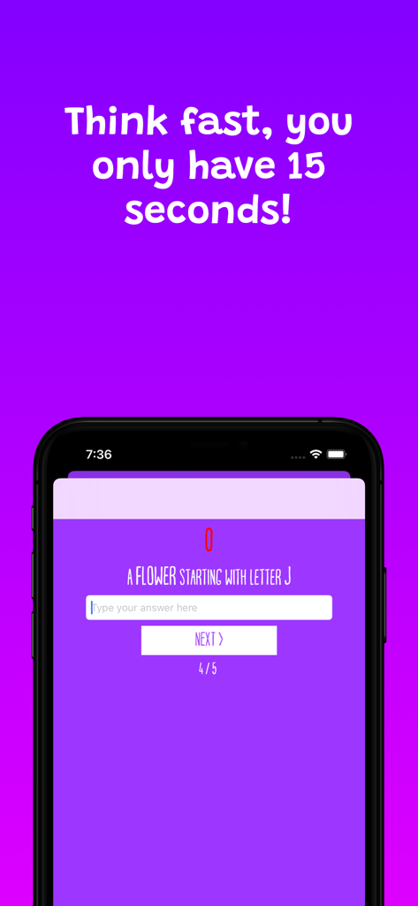 Mobile game interface for Categories showing a word prompt and a text input field on a purple background.