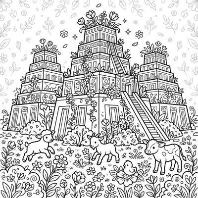 Step back in time to ancient Mesopotamia with this charming coloring page, reimagining majestic ziggurats in a vibrant spring setting. Adorable baby animals frolic among blooming flowers, offering a delightful scene for all ages to bring to life with color.