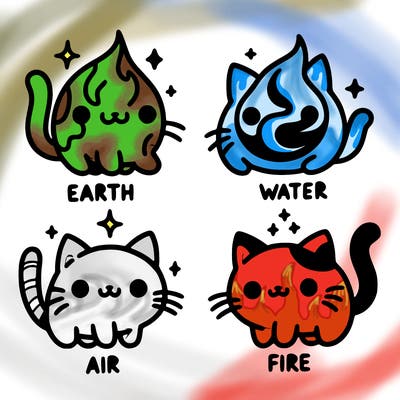 4 cats that represent the different elements, earth, water, air, and fire