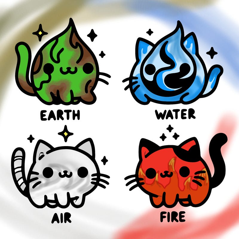 4 cats that represent the different elements, earth, water, air, and fire