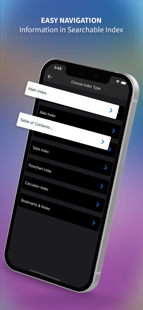 Medical Surgical Nursing Lewis - Interface of the Medical Surgical Nursing app showing various index navigation options like Main Index and Table of Contents.