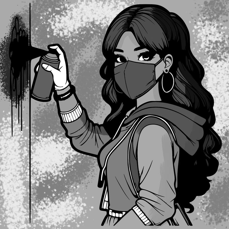 realistic girl with mask spray painting a wall