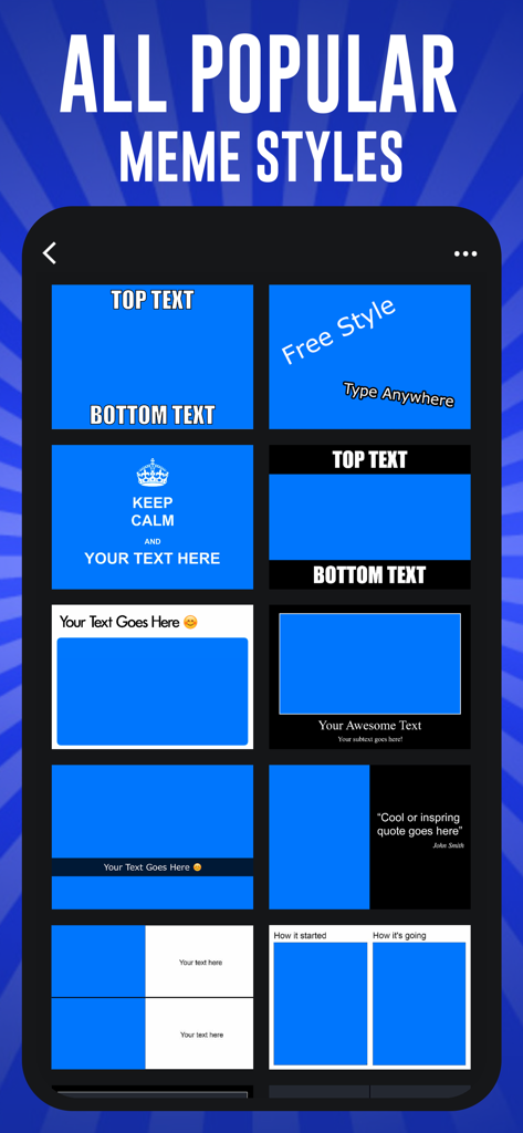 Meme Maker Proアプリで利用可能な人気のミームレイアウトテンプレートのグリッド。
