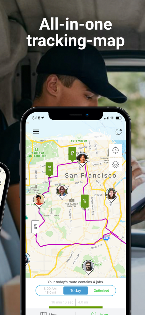 Hellotracks - GPS Locator - Hellotracks app showing a real-time tracking map with optimized routes and team locations in San Francisco