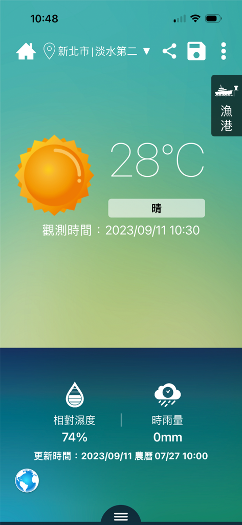 Screenshot of the LOHAS Weather app displaying a sunny 28 degree Celsius forecast for Tamsui Taiwan