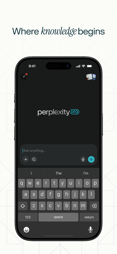 Perplexity AI search app interface on iPhone with ask anything prompt and keyboard