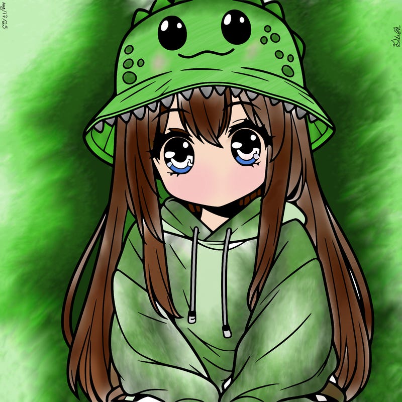 girl with anime shaped eyes with a dinosaur bucket hat oversized sweatshirt long straight hair