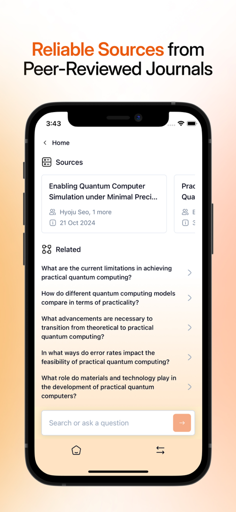Interface do aplicativo SciSpace mostrando fontes de pesquisa confiáveis de periódicos revisados por pares e perguntas acadêmicas relacionadas.